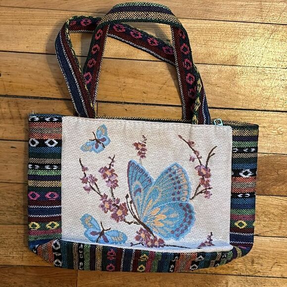 Embroidered Butterfly Canvas Hand Bag Tote Shaped Purse with Colorful Panels - Picture 5 of 6